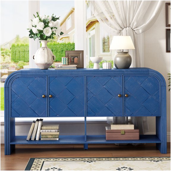 Navy Blue Console Table with Woven Wood Slat Doors & Solid Wood Veneer for Entryway or Living Room