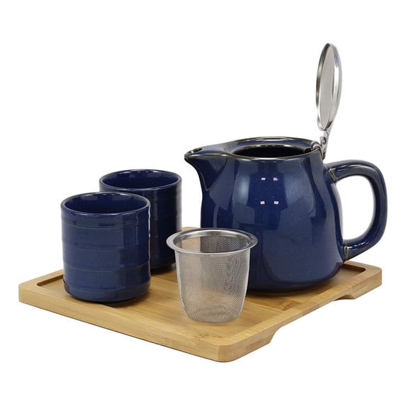 Navy Blue Contemporary Ceramic 20oz Tea Pot With 2 Cups And Bamboo Tray Set