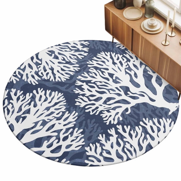 Navy Blue Coral 3ft Non Slip Round Area Rug Coastal Ocean Beach Summer Nautical Modern Washable Soft Area Rugs for Living Room, Indoor Circle Carpet for Bedroom Dining Room Kitchen