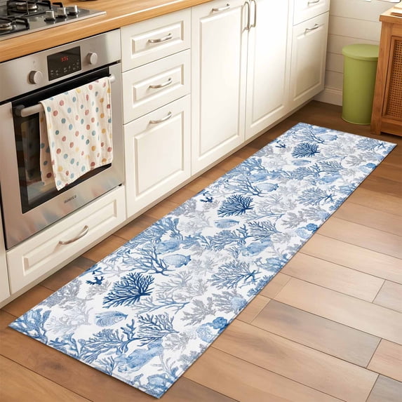 Navy Blue Coral Area Rugs 2x6 for Kitchen Runner Rug, Summer Beach Coastal Ocean Nautical Non Slip Washable Rug Runner, Low Pile Indoor Floor Carpet Mat Bathroom Rugs for Bedroom, Kids Room