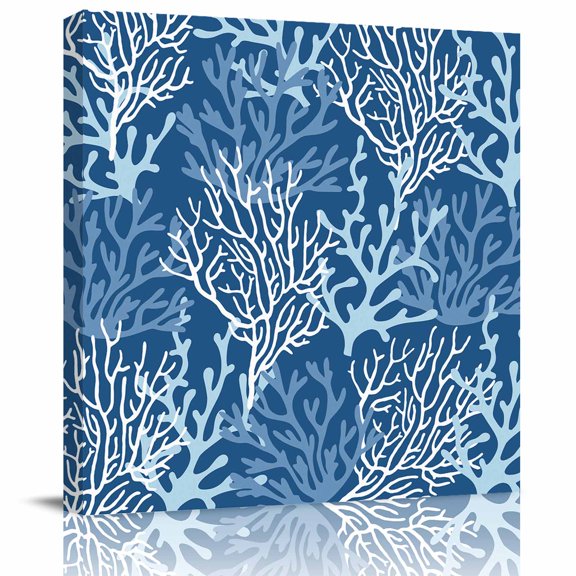 Navy Blue Coral Canvas Print Wall Art Painting, Modern Wall Decor for Bedroom Living Room Giclee Artwork HD Picture Strenched and Framed Summer Coastal Beach Ocean 8x8 inch