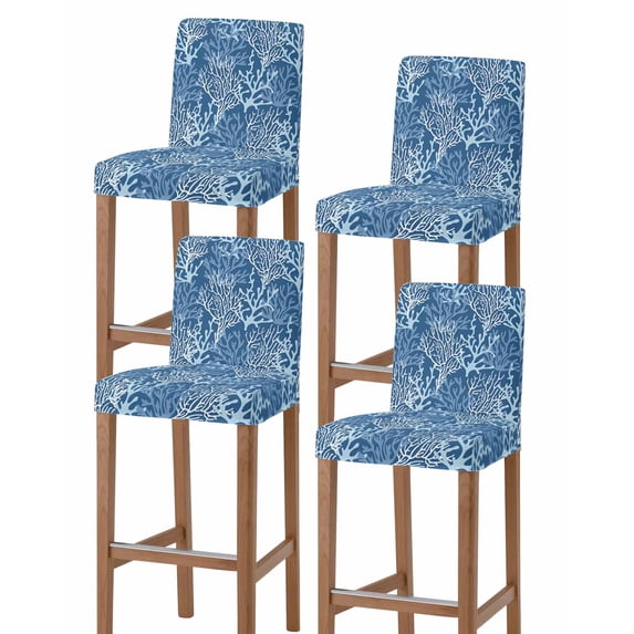 Navy Blue Coral Coastal Bar Stool Covers Set of 4, Ocean Nautical Seaside Beach Stretch Washable Bar Chair Covers with Backs, Removable Pub Counter Height Chair Cover for Kitchen Dining Room Cafe