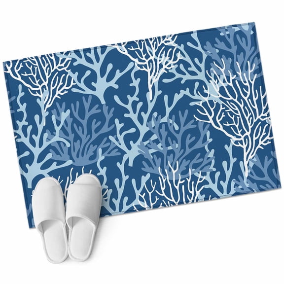 Navy Blue Coral Coastal Bathroom Mat 2x3 FT, Non Slip Small Kitchen Mat, Ocean Nautical Seaside Beach Washable Soft Backed Front Door Throw Rug Non-Shedding Indoor Outdoor Doormat for Entryway Sink
