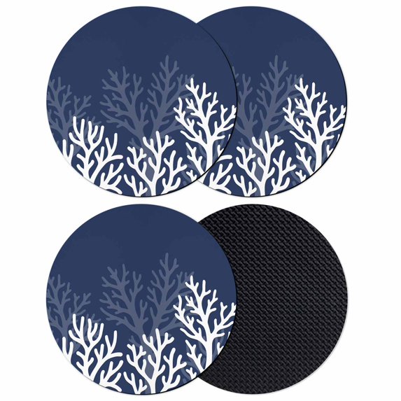 Navy Blue Coral Coastal Coasters Set of 4, Absorbent Coasters for Drinks, Seaside Nautical Summer Ocean Sea Coaster for Desk Coffee Table Protection, Home Decor House Warming Gifts 4"