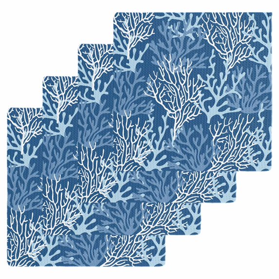 Navy Blue Coral Coastal Dish Towels Set, Waffle Weave Kitchen Towels 4 Pieces, Ocean Nautical Seaside Beach Microfiber Hair Face Bath Tea Towel Absorbent Quick Drying Cleaning Dish Cloths 12"x12"
