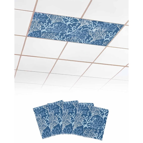 Navy Blue Coral Coastal Fluorescent Light Covers for Ceiling Lights 4x2 feet,4 Pack Magnetic Light Filters for Classroom,Ocean Nautical Seaside Beach Fluorescent Light Shade Panel for Office School