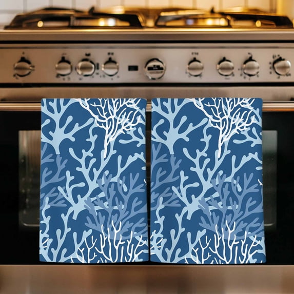 Navy Blue Coral Coastal Kitchen Towels Set of 3, Ocean Nautical Seaside Beach Absorbent Dish Towels for Kitchen, Microfiber Hand Towel, Quick Drying Tea Towel for Cleaning Decorative Dishcloths