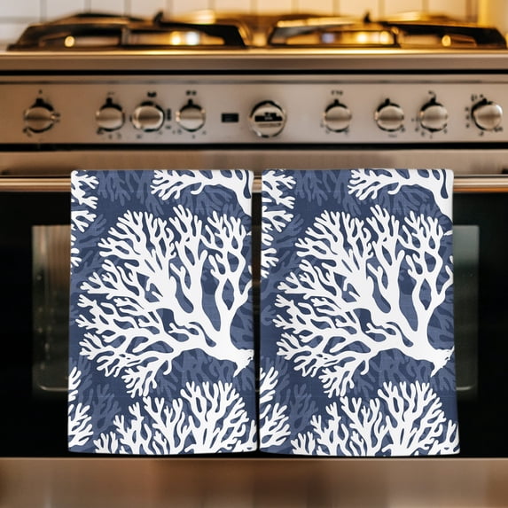 Navy Blue Coral Coastal Kitchen Towels Set of 4, Summer Nautical Ocean Beach Absorbent Dish Towels for Kitchen, Microfiber Hand Towel, Quick Drying Tea Towel for Cleaning Decorative Dishcloths