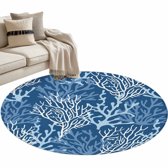 Navy Blue Coral Coastal Round Area Rug 3 FT, Small Kitchen Bathroom Mat, Ocean Nautical Seaside Beach Washable Indoor Outdoor Throw Runner Carpet Non-Shedding Doormat for Table Shower Sofa Entryway