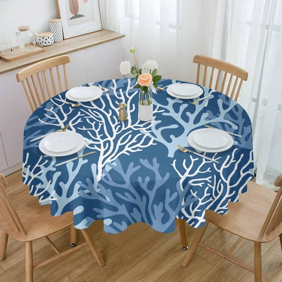 Navy Blue Coral Coastal Round Tablecloth 60 Inch - Summer Beach Waterproof Fabric Table Cloth Protector, Ocean Seaside Nautical Tablecloths Washable Table Cover for Kitchen Party