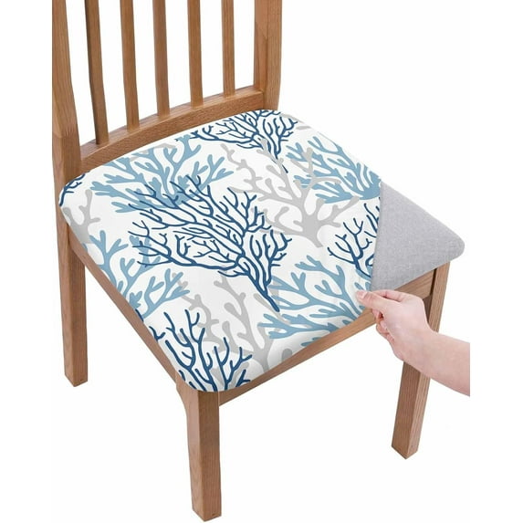 Navy Blue Coral Coastal Seat Covers for Dining Chairs, Summer Beach Stretch Kitchen Chair Slipcovers, Seaside Nautical Dining Room Chair Covers Removable Office Chair Cover Protector Set of 4