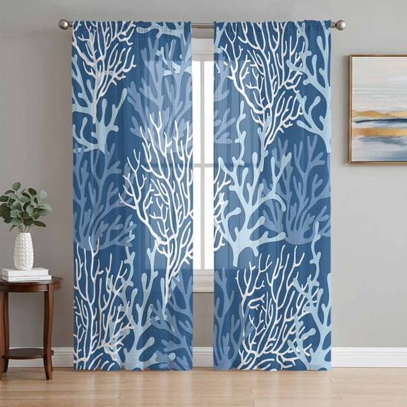 Navy Blue Coral Coastal Semi Sheer Window Curtains 72 Inches Long, Ocean Nautical Seaside Beach Rod Pocket Voile Silky Chiffon Curtain Light Filtering Drapes for Living Room, 52"x72", 2 Panels