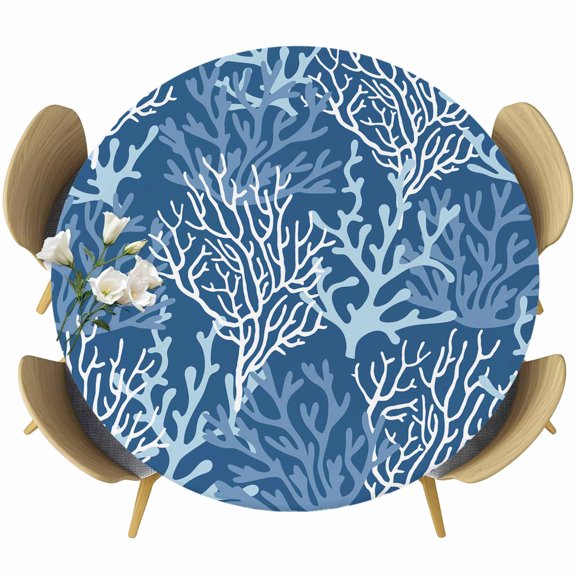 Navy Blue Coral Coastal Table Cloth, Round Fitted Tablecloths with Elastic Edge, Ocean Nautical Seaside Beach Wipeable Waterproof Table Cover for Kitchen Wedding 36-44 Inches