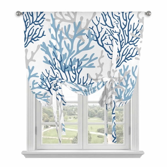 Navy Blue Coral Coastal Tie Up Curtains for Small Windows,Adjustable Rod Pocket Valance 45 Inch Short, Summer Beach Seaside Nautical Window Treatment Balloon Roman Blind Shade, 34" x 45"
