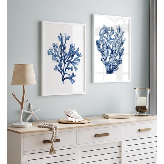 Navy Blue Coral Duo Hamptons Coastal Watercolor Prints Home Decor Office Wall Art Set 2