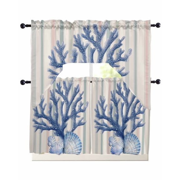 Navy Blue Coral Kitchen Curtains Swag Valance and Tier Curtains Set 36 Inch Length, Coastal Shell Summer Beach Stripe Rod Pocket Drape Panels Pair Swag Curtain for Bathroom/Cafe/Window