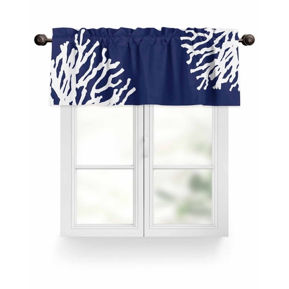 Navy Blue Coral Kitchen Valances for Windows Coastal Ocean White Valance Curtains&nbsp; for Kitchen /Living Room/Bedroom/ Bathroom Decor, 54"x18 " ,Rod Pocket 1 Panel,