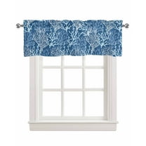 Navy Blue Coral Linen Curtain Valance for Bedroom/Bathroom/Kitchen/Office/Living/Dining Room Windows,Summer Beach Sea Abstract Geometric White Pocket Topper Drapes Decorative Cafe Drapery Panel 42x18