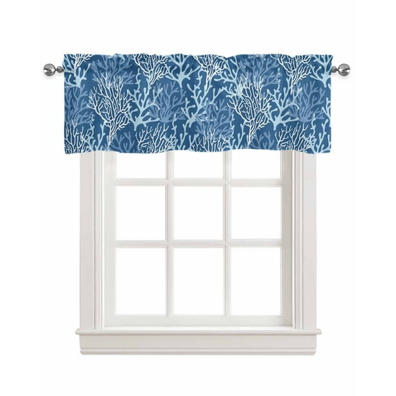 Navy Blue Coral Linen Curtain Valance for Bedroom/Bathroom/Kitchen/Office/Living/Dining Room Windows,Summer Beach Sea Abstract Geometric White Pocket Topper Drapes Decorative Cafe Drapery Panel 42x18