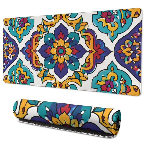 Navy Blue, Coral Orange, Teal Blue Bohemian Style Extended Mouse Pad ...