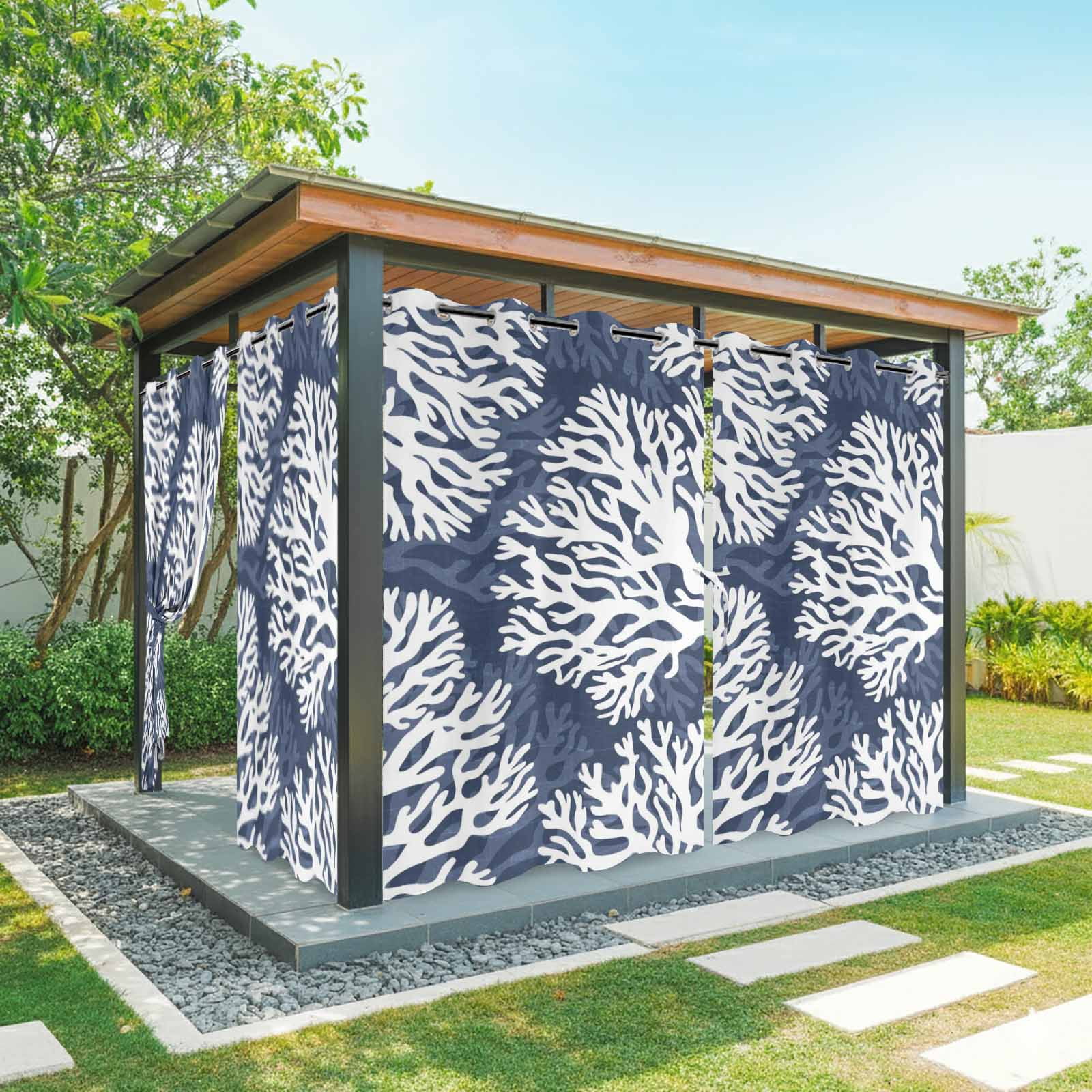 Navy Blue Coral Outdoor Curtains for Patio, Coastal Ocean Beach Summer Nautical Modern Sunshade Privacy Drapes Grommet Waterproof Outside Curtains for Porch/Cabana/Balcony 54"x 108", 1 Panel