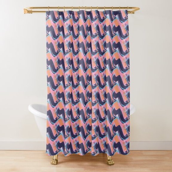Navy Blue, Coral Pink and Light Blue Brushstroke Chevron Shower Curtain, 100% Polyester, Retro Geometric Style