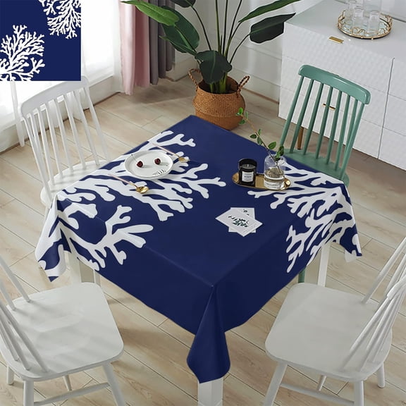 Navy Blue Coral Rectangle/Square/Round Waterproof Tablecloths 52x52 inch Coastal Summer Beach Nautical Seaside Polyester Table Cloth Table Cover Tabletop for Wedding Party Dinner