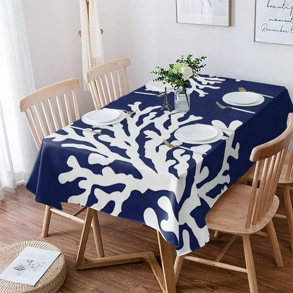 Navy Blue Coral Rectangle/Square/Round Waterproof Tablecloths 60x102 inch Coastal Summer Beach Nautical Seaside Polyester Table Cloth Table Cover Tabletop for Wedding Party Dinner