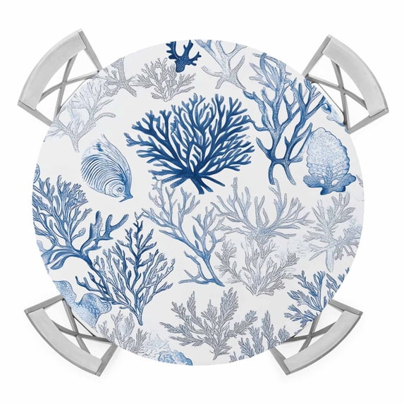 Navy Blue Coral Round Fitted Tablecloth with Elastic Edge, Waterproof Table Cloth Table Cover for 55"-60" Tables, Summer Beach Coastal Ocean Nautical Tablecloths for Dining Picnic Indoor Outdoor