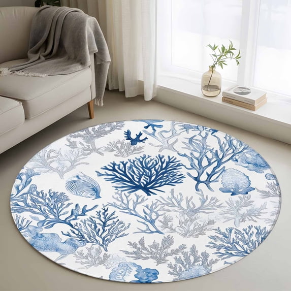 Navy Blue Coral Round Rugs 4ft, Summer Beach Coastal Ocean Nautical Non Slip Washable Rug Runner, Low Pile Indoor Floor Carpet Mat Bathroom Rugs for Living Room, Bedroom, Kids Room