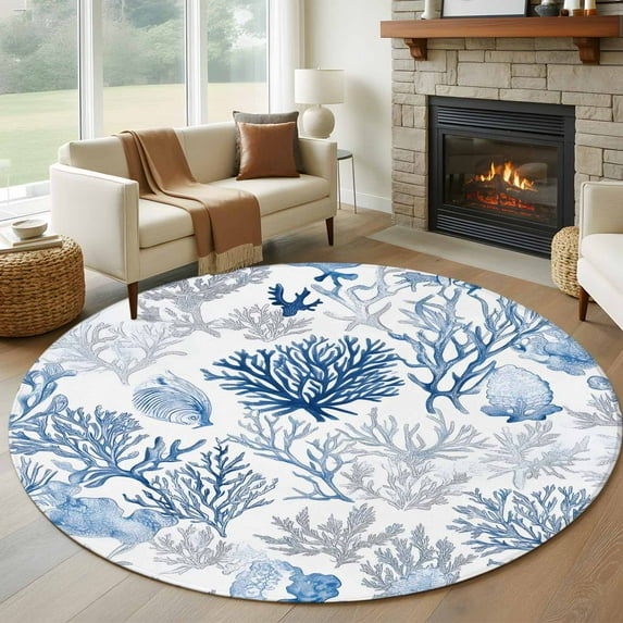Navy Blue Coral Round Rugs 5ft, Summer Beach Coastal Ocean Nautical Non Slip Washable Rug Runner, Low Pile Indoor Floor Carpet Mat Bathroom Rugs for Living Room, Bedroom, Kids Room