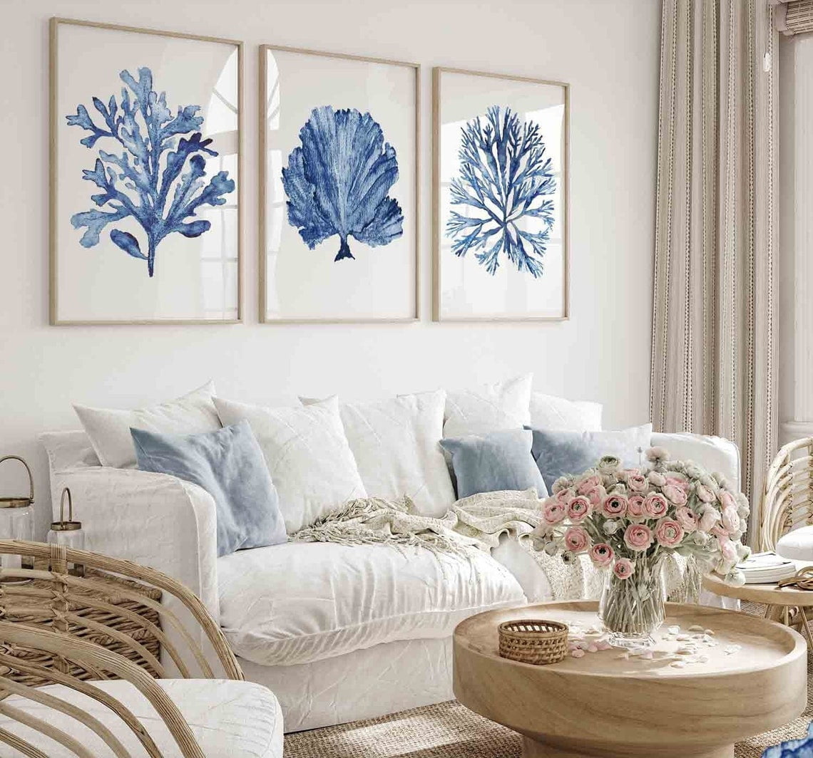 Navy Blue Coral Seaweed Wall Art Set of 3, Nautical Coastal Prints ...