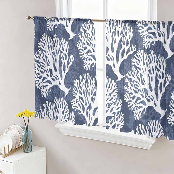 Navy Blue Coral Sheer Curtains for Living Room Bedroom, Coastal Ocean Beach Summer Nautical Modern Light Filtering Sheer Curtain Rod Pocket Voile Window Treaments Drapes, 52 x 45 Inches