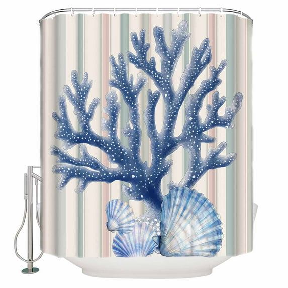 Navy Blue Coral Shower Curtains for Bathroom Waterproof Fabric Bath Curtains Decor Bath Tub Curtain Coastal Shell Summer Beach Stripe Decorative Shower Curtain Sets with 12 Hooks, 72x72 Inch