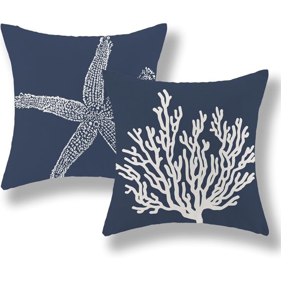 Navy Blue Coral Starfish Pillow Covers 20x20 Inch Set of 2 Coastal Throw Pillows Spring Summer Nautical Beach Ocean Decorations Linen Pillowcase Outdoor Decor Farmhouse Cushion Case for Home