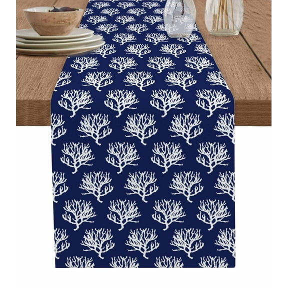 Navy Blue Coral Table Runner 48 Inches, Coastal Nautical Ocean Life Bed Runner Dresser Scarves Tabletop for Indoor Outdoor Parties/Ceremony/Banquet, 13" x 48"