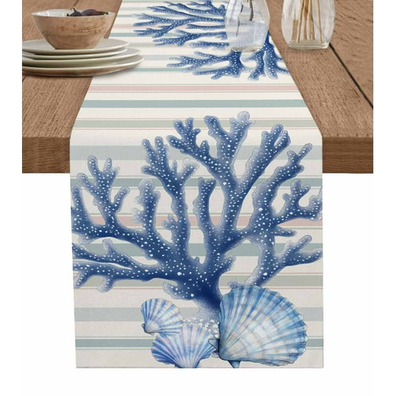 Navy Blue Coral Table Runner 48 Inches, Coastal Shell Summer Beach Stripe Bed Runner Dresser Scarves Tabletop for Indoor Outdoor Parties/Ceremony/Banquet, 13" x 48"