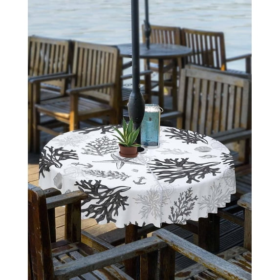 Navy Blue Corals Outdoor Round Tablecloth with Umbrella Hole 60 Inch,Wrinkle Free Wipeable Fabric Table Cloth Waterproof Zippered Cover for Camping Picnic Patio,Nautical Boho Tropical Reef Coastal