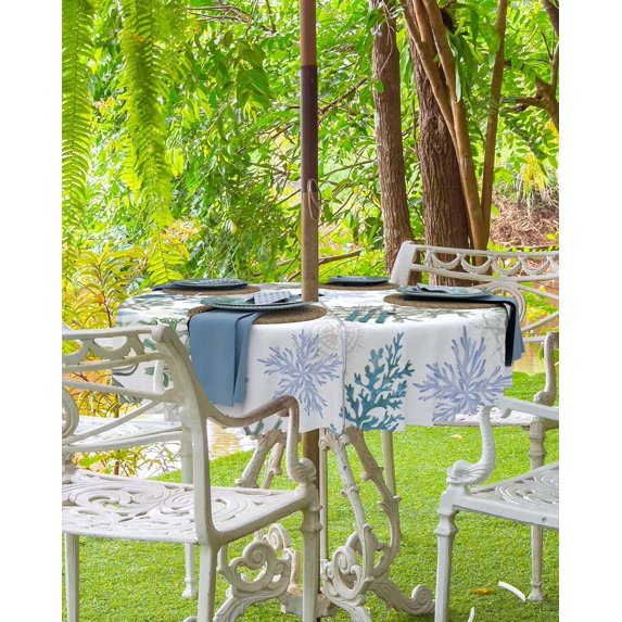 Navy Blue Corals Outdoor Round Tablecloth with Umbrella Hole 60 Inch,Wrinkle Free Wipeable Fabric Table Cloth Waterproof Zippered Cover for Camping Picnic Patio,Nautical Boho Tropical Reef Coastal