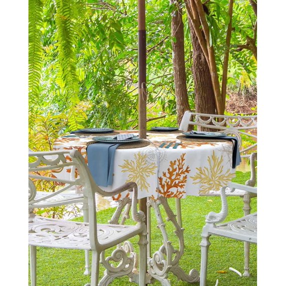 Navy Blue Corals Outdoor Round Tablecloth with Umbrella Hole 60 Inch,Wrinkle Free Wipeable Fabric Table Cloth Waterproof Zippered Cover for Camping Picnic Patio,Nautical Boho Tropical Reef Coastal
