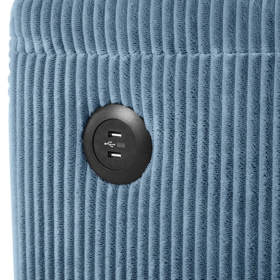 Navy Blue Corduroy Convertible Sleeper With Full Mattress, 2 Ports, Cup Holders, Side Pockets & Phone Holder For Living Area Bed Storage, In Color