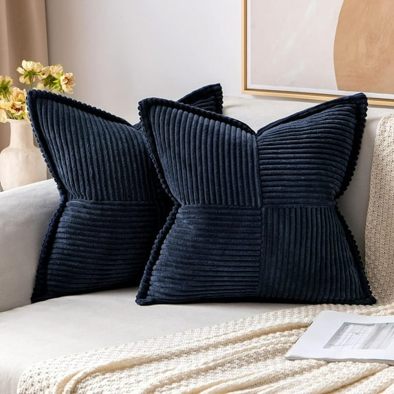 Navy Blue Corduroy Pillow Covers with Splicing Set of 2 Super Soft Boho Striped Pillow Covers Broadside Decorative Textured Throw Pillows for Couch Cushion Bed Livingroom 20 x 20 inch