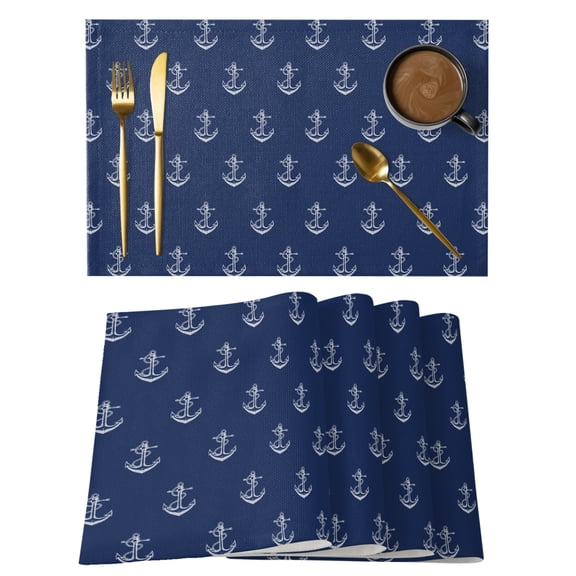 Navy Blue Cotton Linen Placemats Set of 1, Nautical Anchor Minimalist Modern Art Washable Table Place Mats Heat Insulating Placemat for Dining Room Kitchen Daily Use 13 x 19 Inch