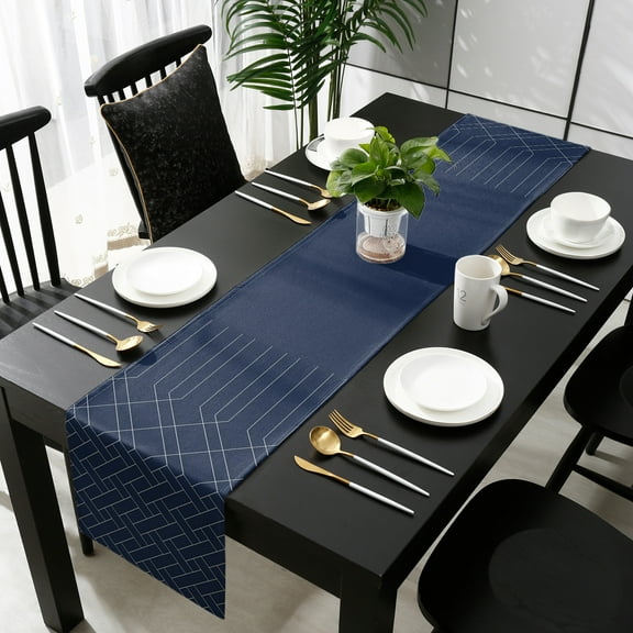 Navy Blue, Cotton Linen Table Runner 13 x 90 inch Abstract Minimalistic Geometric Stripes Non-slip Rectangular Dining Table Decor for Wedding Party Holiday Dinner