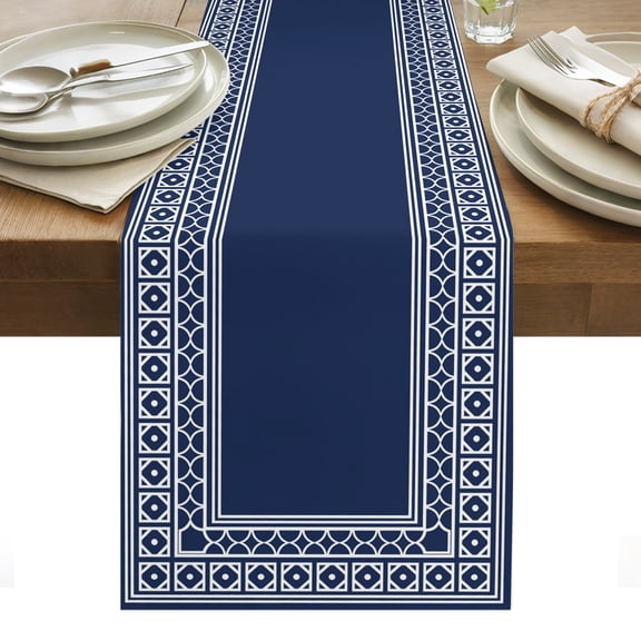 Navy Blue Cotton Linen Table Runner Boho Diamond Pattern Border Rustic Southwestern Dining Table Runners for Home Decor Party Dining Room Restaurant Kitchen Party 13" x 36"