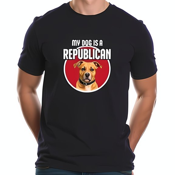 Navy Blue Cotton Short Sleeve T-Shirt with Bold Red Circle Graphic & " MY DOG IS A REPUBLICAN " Text