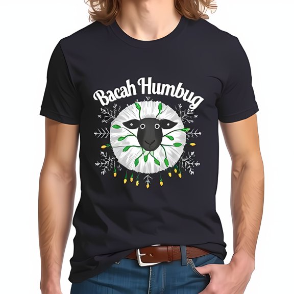 Navy Blue Cotton Short Sleeve T-Shirt with Whimsical Sheep in Christmas Lights & 'Baaah Humbug' Design
