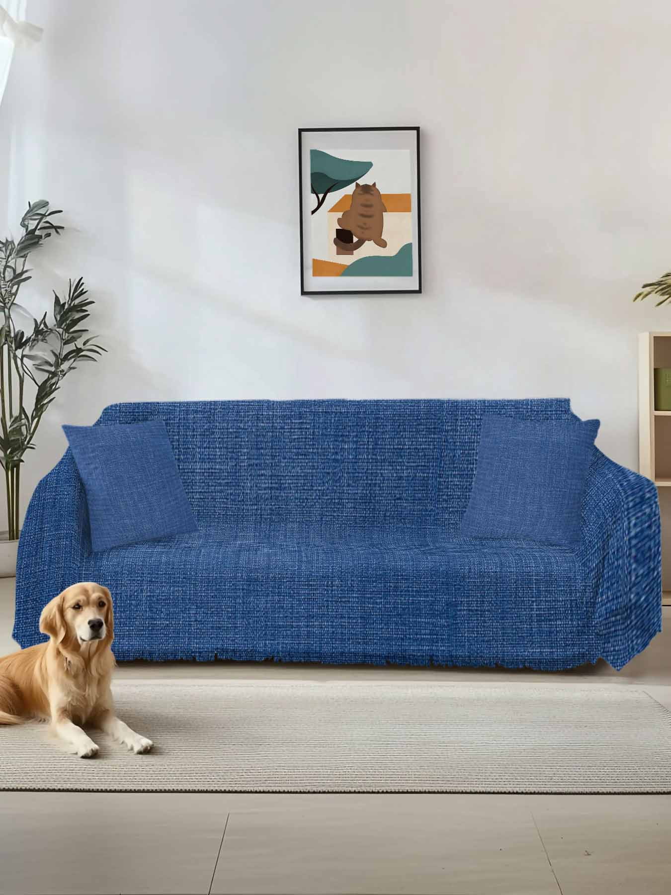 Navy Blue Couch Cover for 2 Cushion Couch, Vintage Country Monochrome Farmhouse Washable Love Seat Sofa Covers Slipcover, Throw Sofa Covers for Pets, Furniture Protector 71"x102"