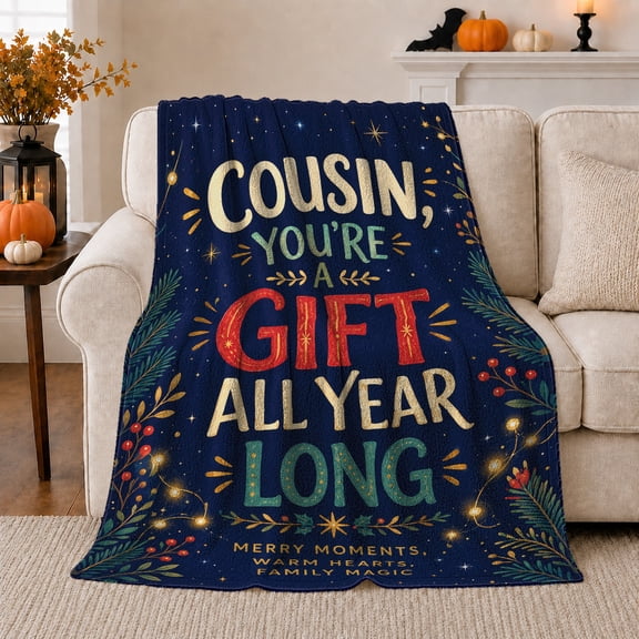 Navy Blue Cousin You'Re All Year Long Design, Festive Holiday Scene, Warm Flannel Blanket for Living Room and Reading Nook, Art Lovers Appreciation Gift, Festive Home Decor