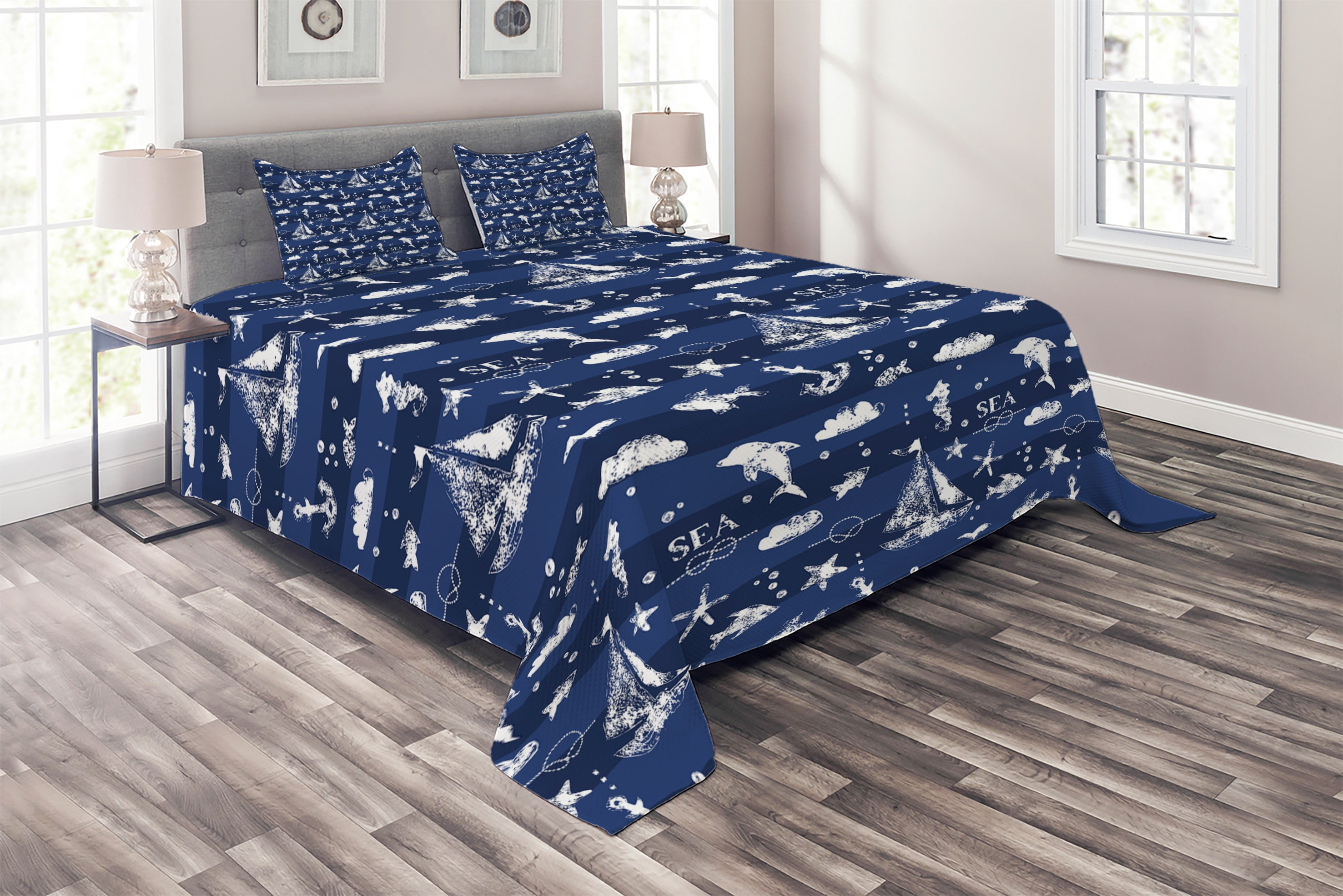 Navy Blue Coverlet, Sailboat Vertical Stripe Pattern Anchor Fishes